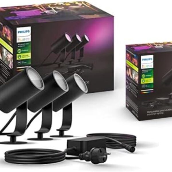 Philips Hue White & Color Ambiance Lily Gartenspot Standard Set mit 40W Netzteil (590 lm), dimmbare Außenleuchte mit 16 Millionen Farben, smarte Lichtsteuerung über Sprache oder App, schwarz, 4er Pack