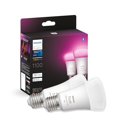Philips Hue White & Color Ambiance E27 LED Lampen (1100lm), TESTSIEGER Stiftung Warentest (01/2024), dimmbare LED Lampen mit 16 Mio. Farben, smarte Lichtsteuerung über Sprache und App, 2er Pack