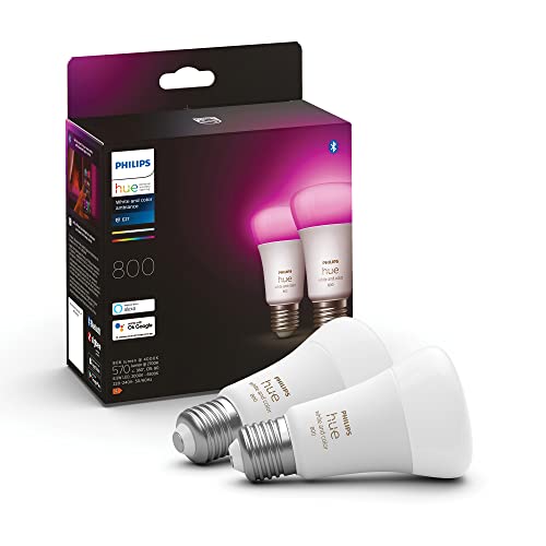 Philips Hue White & Color Ambiance E27 LED Lampen (800 lm), dimmbare LED Leuchtmittel für das Hue Lichtsystem mit 16 Mio. Farben, smarte Lichtsteuerung über Sprache und App, 2er Pack